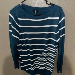 Striped Teal and White Crew Neck Sweater